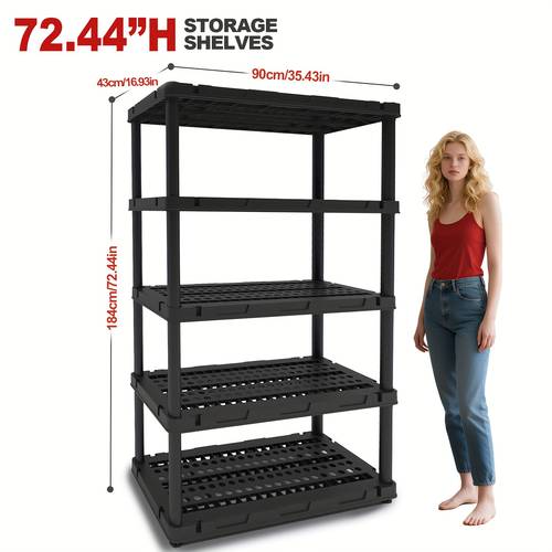 4 5 tier heavy duty plastic shelving unit with modular design 660lbs capacity freestanding garage shelves rack for basement laundry utility room durable storage organizer for tools kitchen easy assembly with gloves hammer