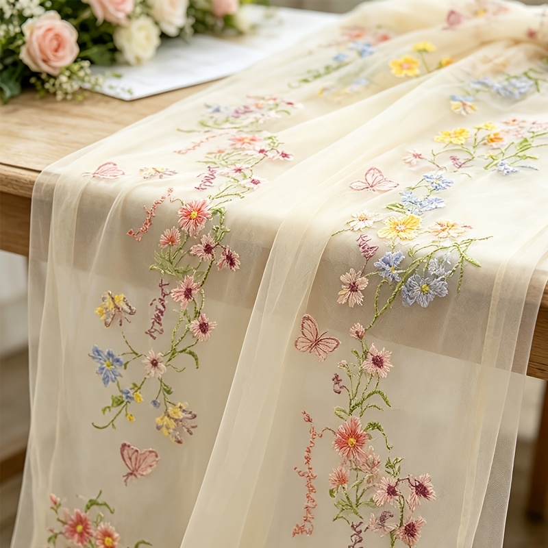 TEMU 1pc Champagne-colored French Country Style Floral Embroidered Lace Tablecloth, Embroidered Flower Square Tablecloth, Thin And Transparent