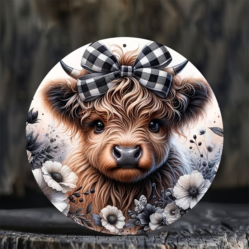 

Charming Highland Cow With Bow Wreath Sign - 8"x8" Round Aluminum Decor For Home, Kitchen, Garden, Office & More - Perfect For Christmas, & Room Accents