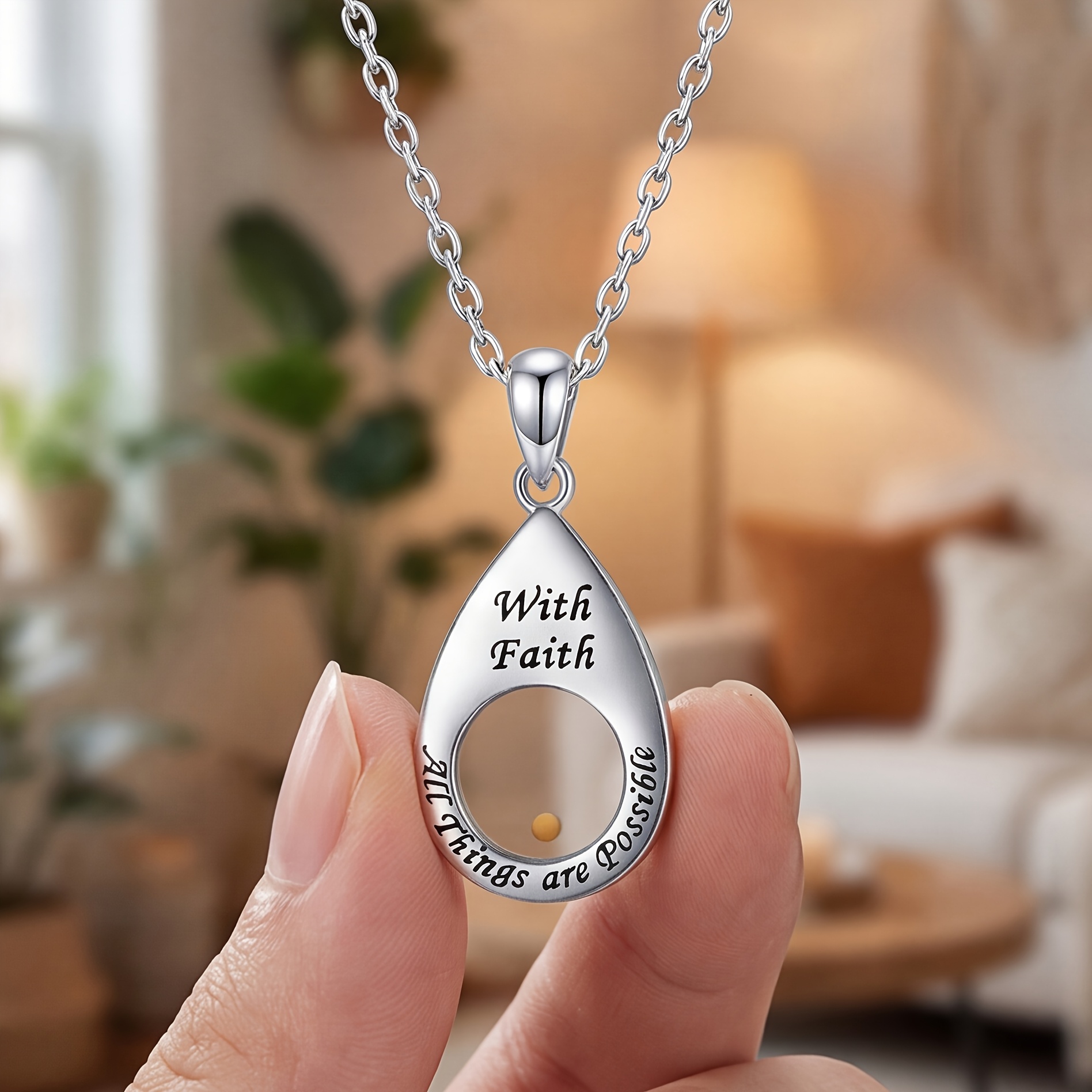 TEMU Stainless Steel Women's Necklace, Teardrop Pendant, Carved "with Faith, Everything Is ", Christian Religious Jewelry Gift