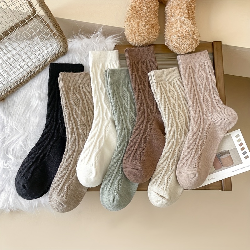 Image of 7-pair Large Diamond Plush Mid-calf Socks For Women, Autumn/winter Style, -lined And Thickened For , Ins-style Trendy And Versatile Slouch Socks, Winter Sleeping, Home, And Floor Socks