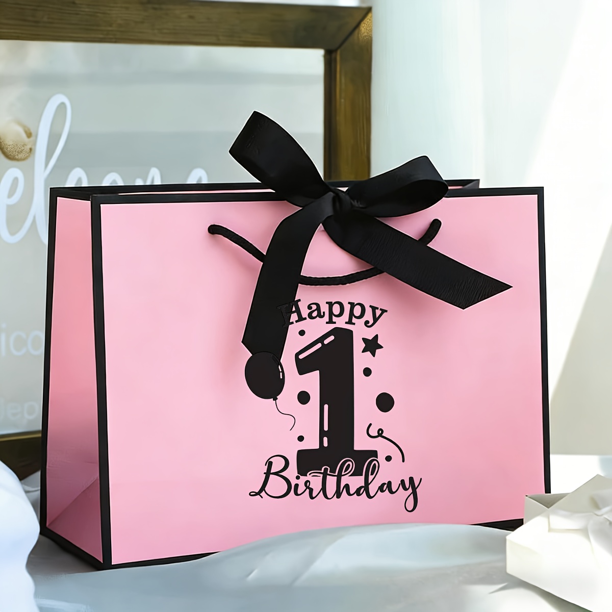 TEMU 1pc Reusable 1st Birthday Gift Bag - Wide Flat Bottom Folding Design, Sturdy Handle, Versatile For Birthday/christmas/valentine's Day - Elegant