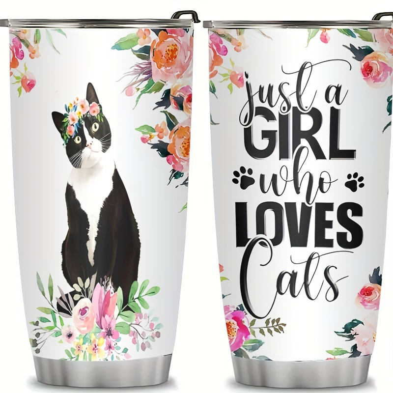 

20 Oz Stainless Steel Cat With Lid - Floral Cat Design, " Who Cats" Print, Insulated Travel Mug For Cat Lovers