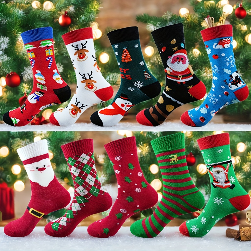 

10 Pairs Christmas Themed Socks, Unisex Long Tube Socks, Warm & Moisture-wicking, Polyester & Spandex, Machine Washable, Holiday Gift For