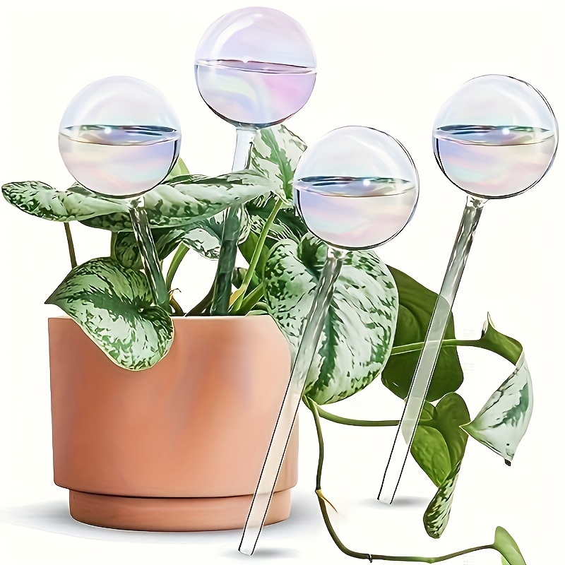 

4pcs, Large Size Automatic Self-watering System For Plants, Light Iridescent Rainbow Gradient Color Clear Glass Self-watering System Spikes, Aqua Globes Automatic Plant Waterer Bulbs