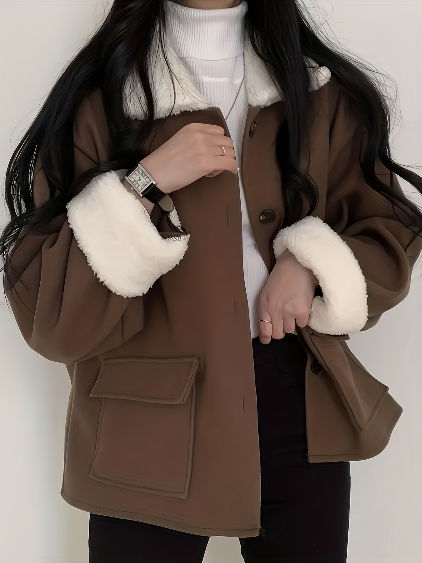 autumn   flap collar loose elegant jacket for petite women contrast color winter coat Product details 2