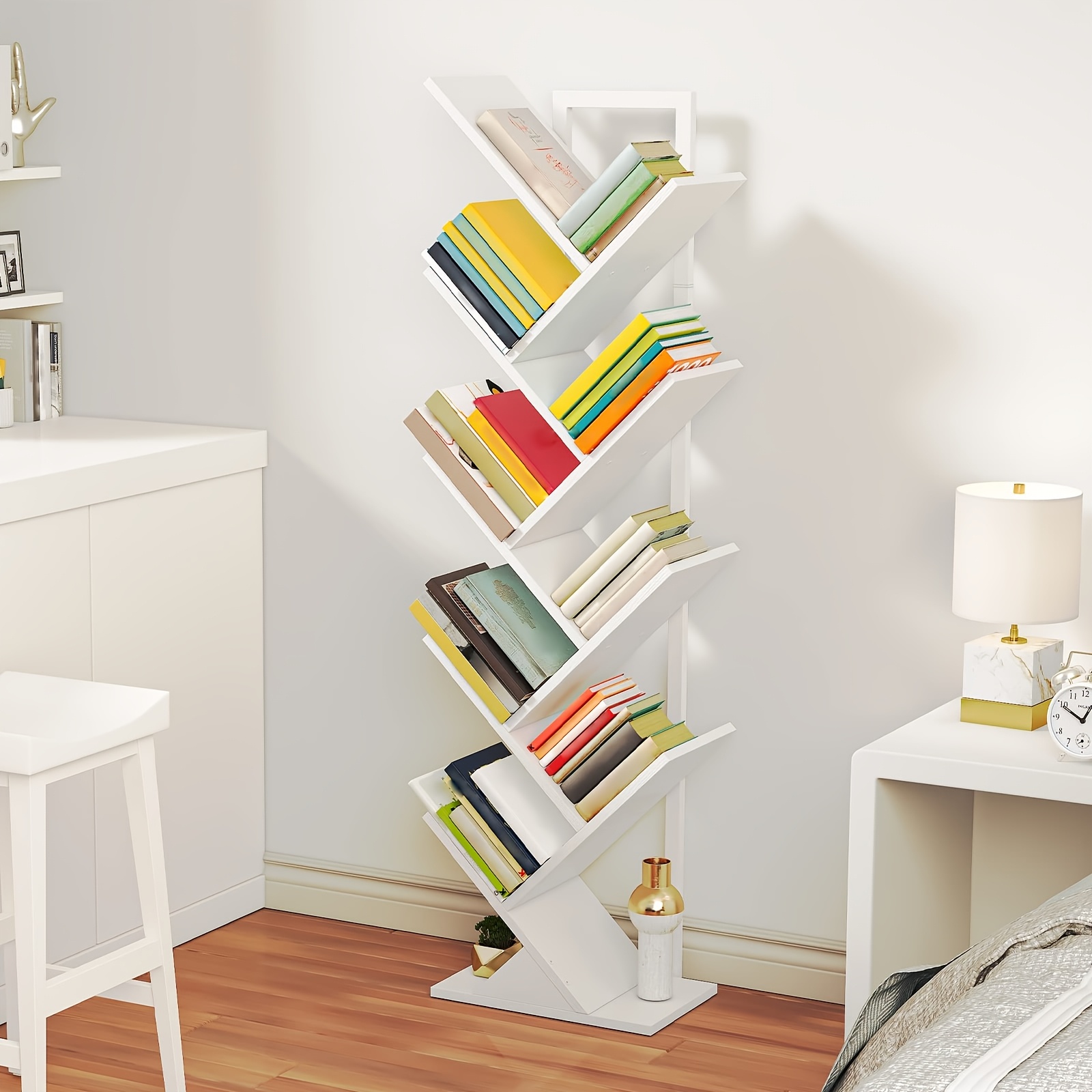 Office Bookshelf, 9-layer Rack, Wooden Dvd Rack, Tree Shaped, Metal Rack, Suitable For Living Room, Studio, , Space , , Height 116cm, White