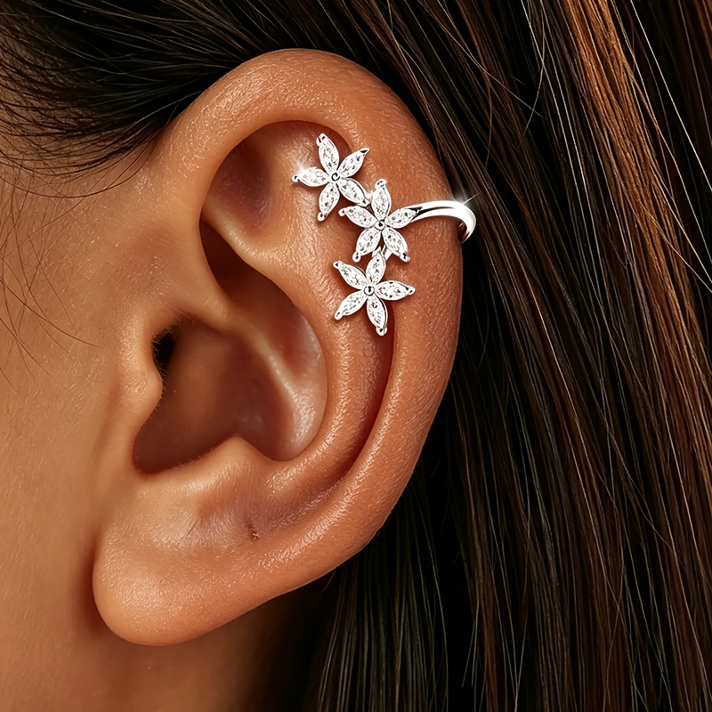TEMU 1pc Copper Marquise Cz Triple Flower Non-pierced Ear Cuff – Dainty Fresh , Earrings For Women, Accessories, Perfect For Daily Casual Matching,
