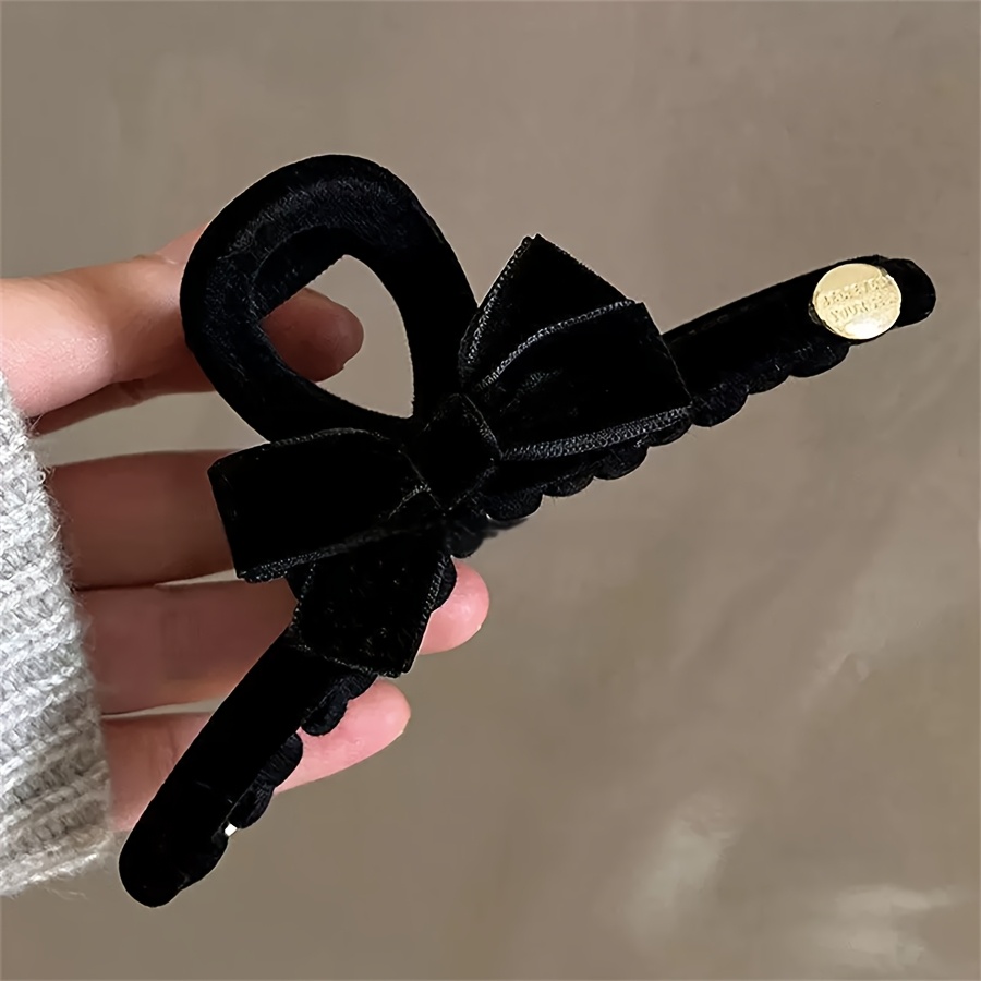 TEMU 1pc Black Velvet Bow Hair Clip For Women, Autumn/winter Back Of Head Shark Clip, Fashionable And Elegant Hair Accessory