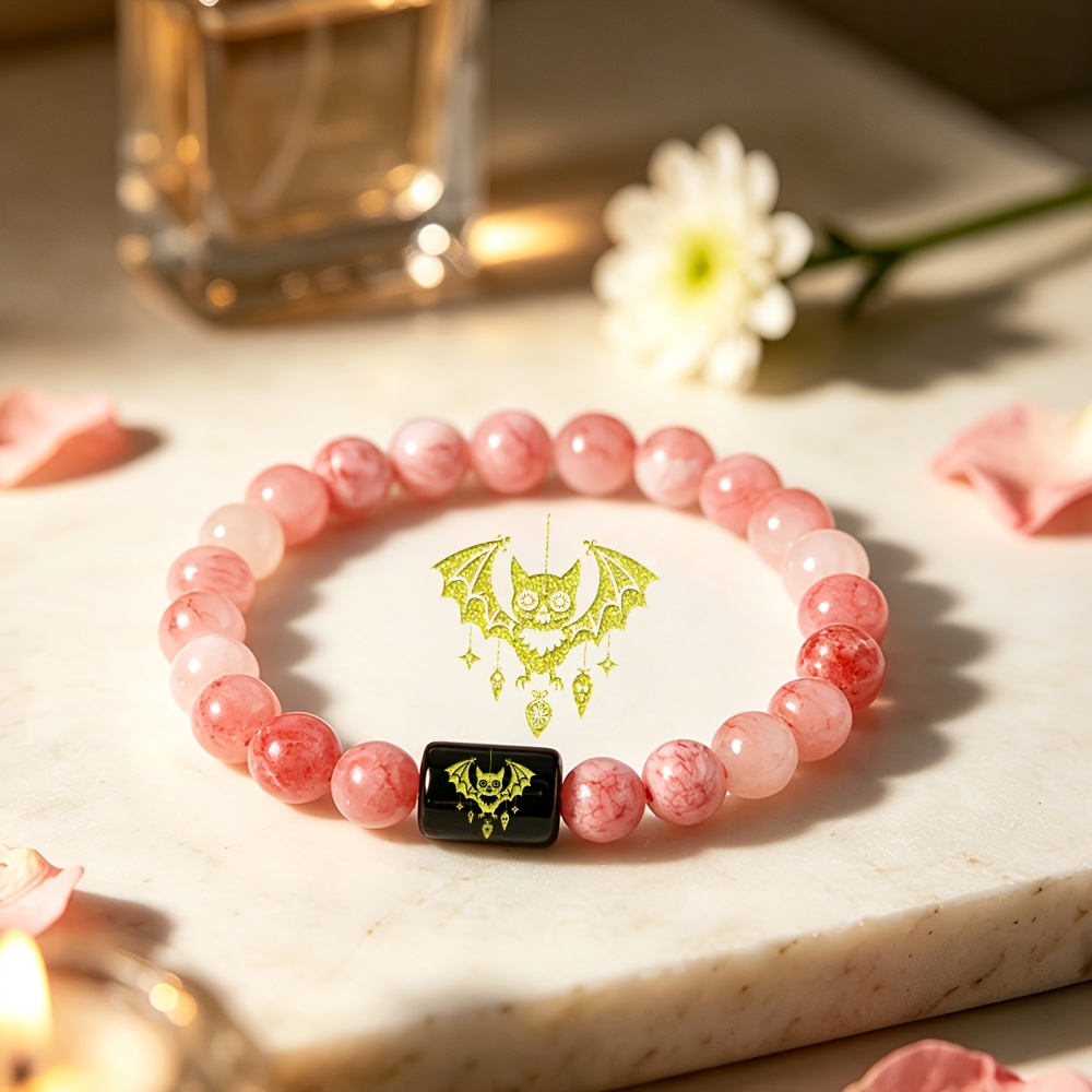 Natural Agate Stone Beaded Bracelet with Whimsical Bat Charm