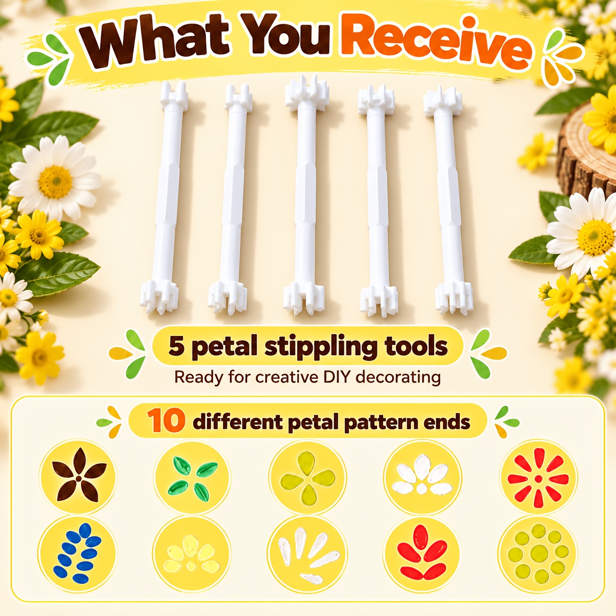 TEMU 5pcs Dual-ended Mandala Dotting Tools With Dual-tip Petal Brush Heads - Fine Dot Brushes Suitable For Rock Painting, Clay Crafts, Relief Art,