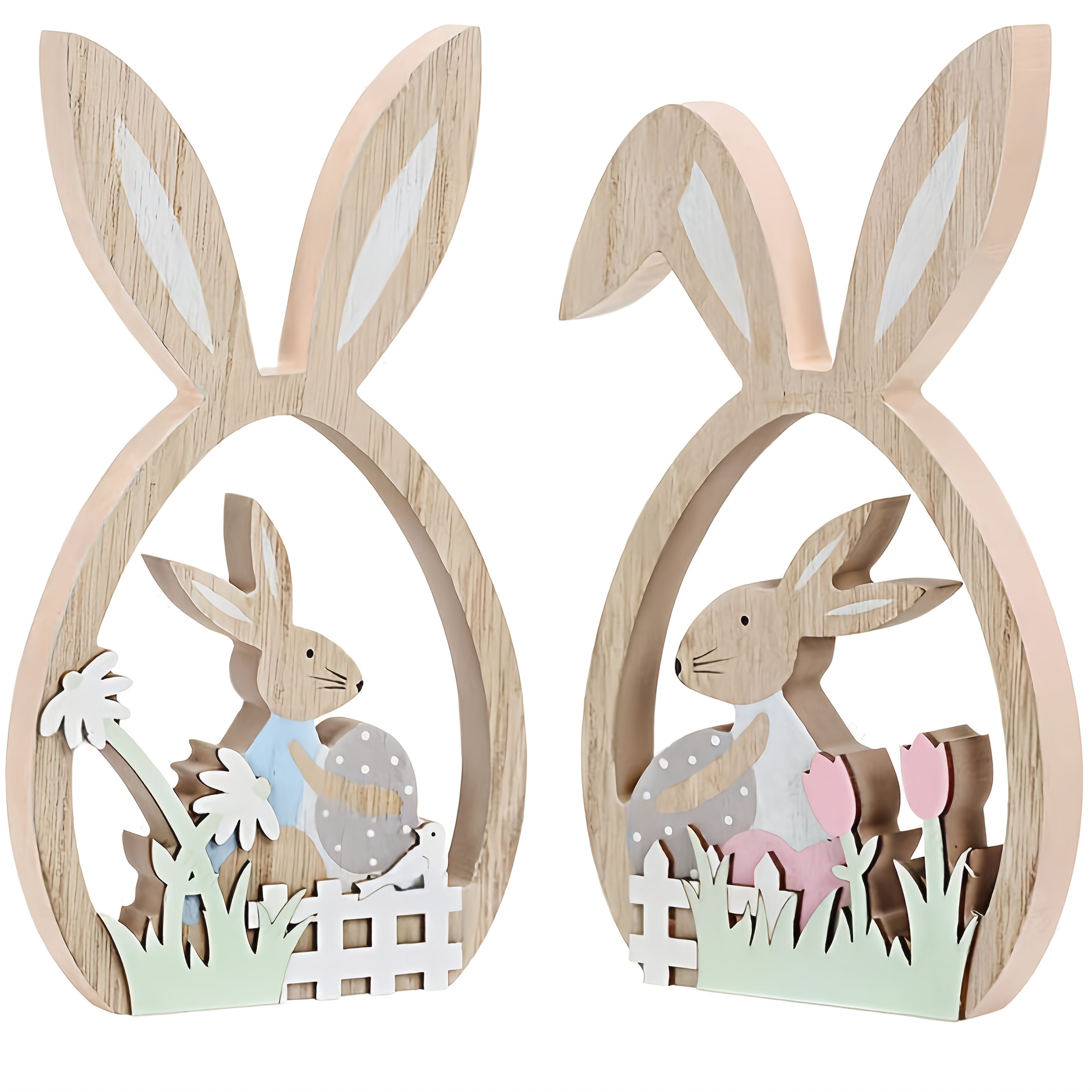 2pcs Easter Bunny Wooden Sign Rabbit Decor Countryside Easter Tiered Tray Decoration, Centerpiece For Easter Table, Or As Decoration For Office, Classroom, Party, And Indoor/outdoor Activities