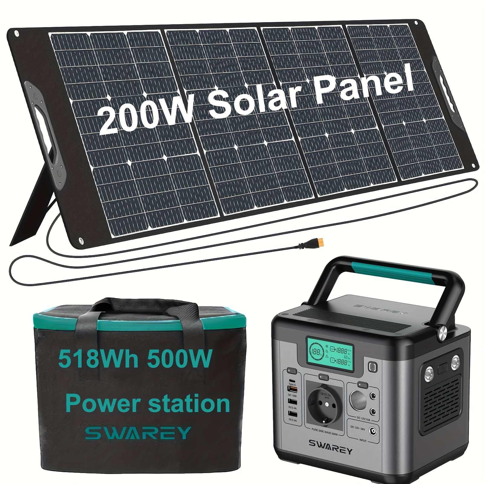 Image of Swarey Power Station Pro With 200w Solar Panel, Power Bank 518wh Lithium Battery Solar Generator With 500w( 1000w) Ac Outlet, Usb-c Pd 65w For Laptop Camera Tablet Smartphone