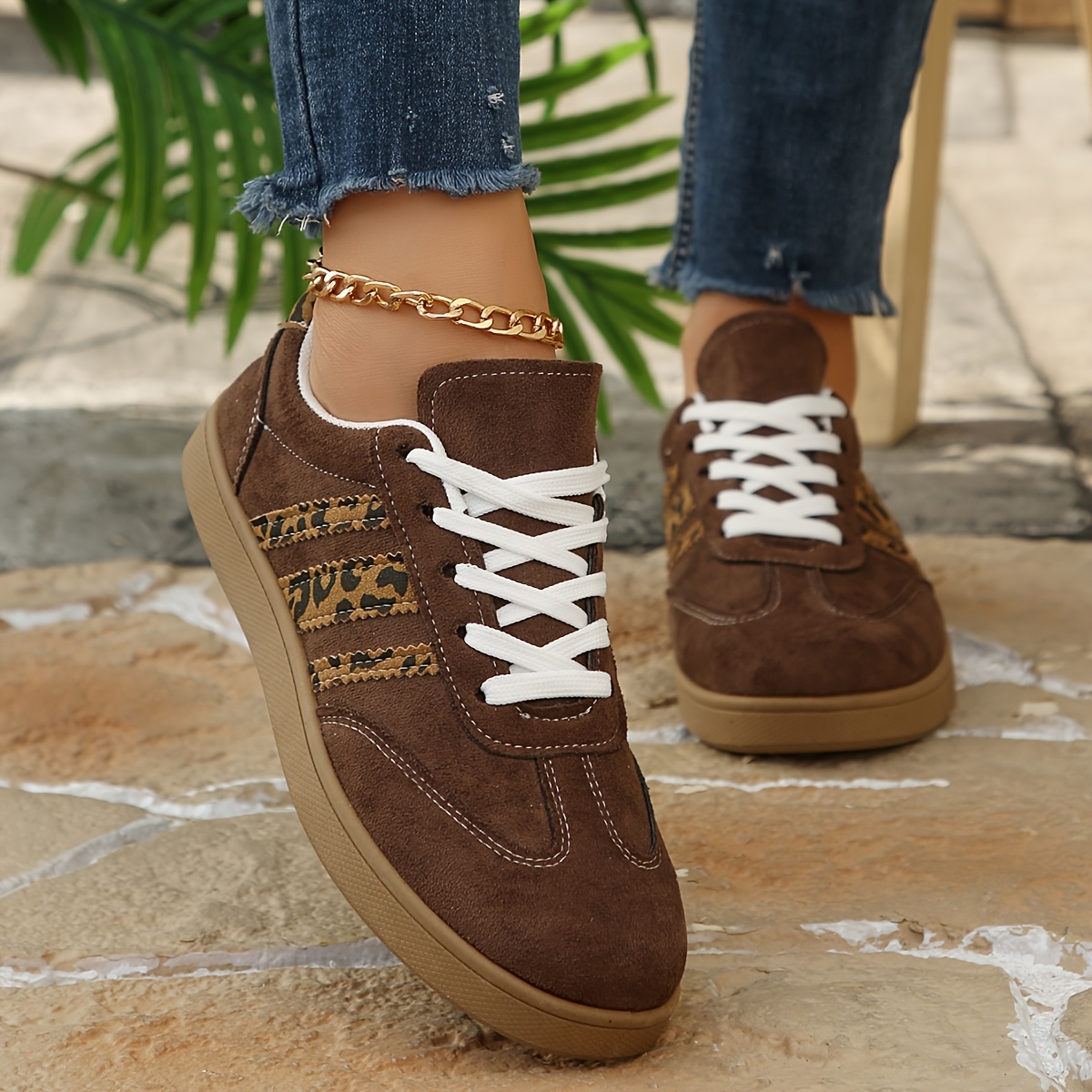 TEMU New Dark Brown Leopard Shoes For Women, Vintage Flat Sneakers, Women Shoes