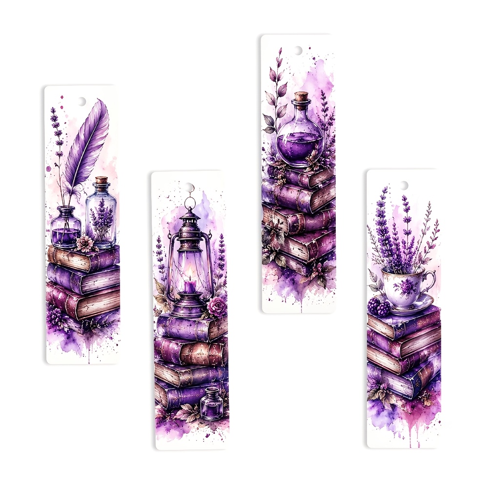 TEMU 4pcs Set, Pu Leather Tassel Bookmarks With Lavender Feather Magic Book Pattern, Book Page Separators, Suitable For Book Lovers, A Cute