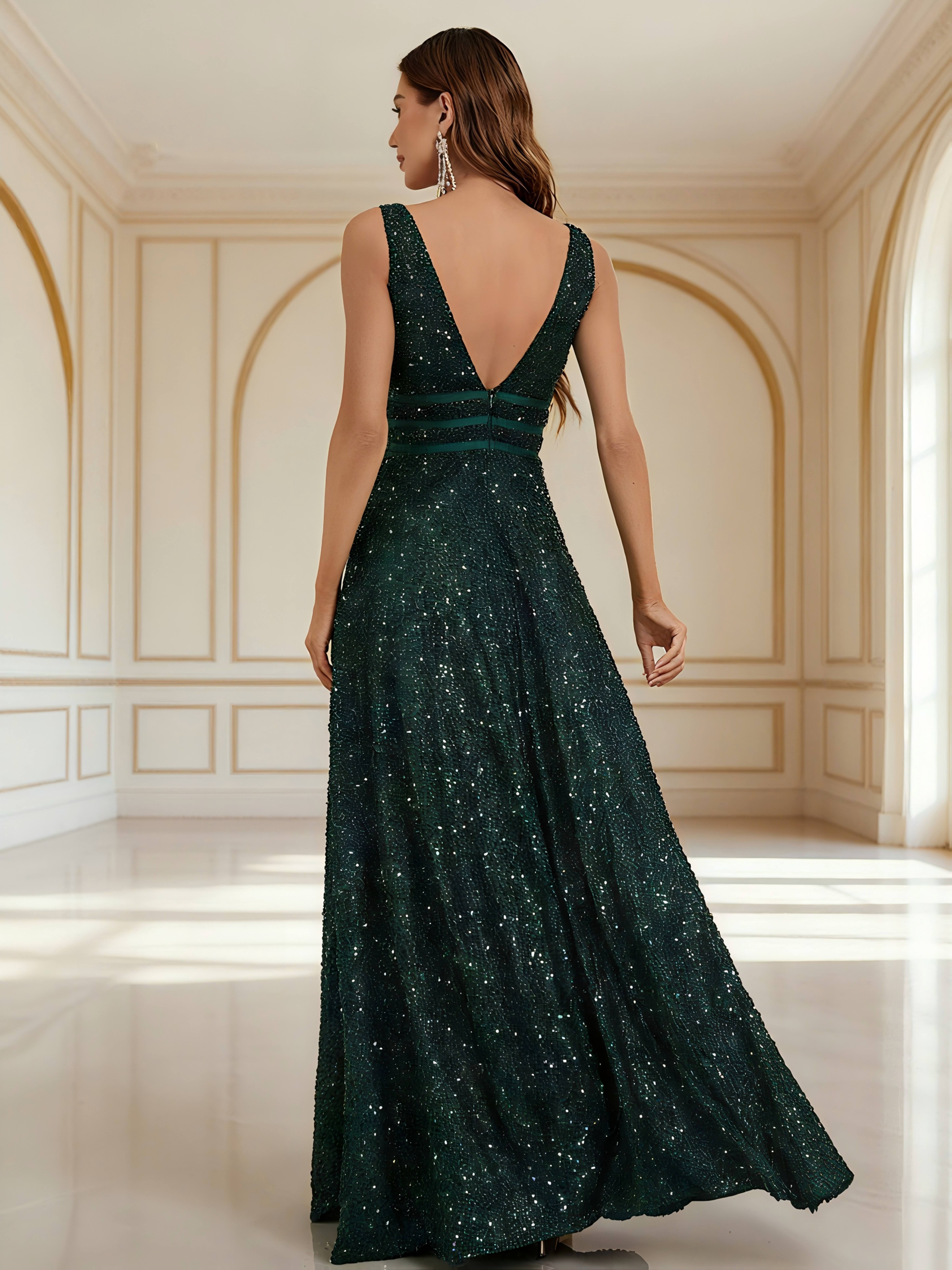 Deep V-neck Sequin * Mesh Long A-line Gown, Suitable for Casual Holidays,  Wedding Nights, Business Balls, Dates, Fashionable Evening Gowns, Weddings,  Bridesmaids, Bachelorette Parties, Engagements, ...