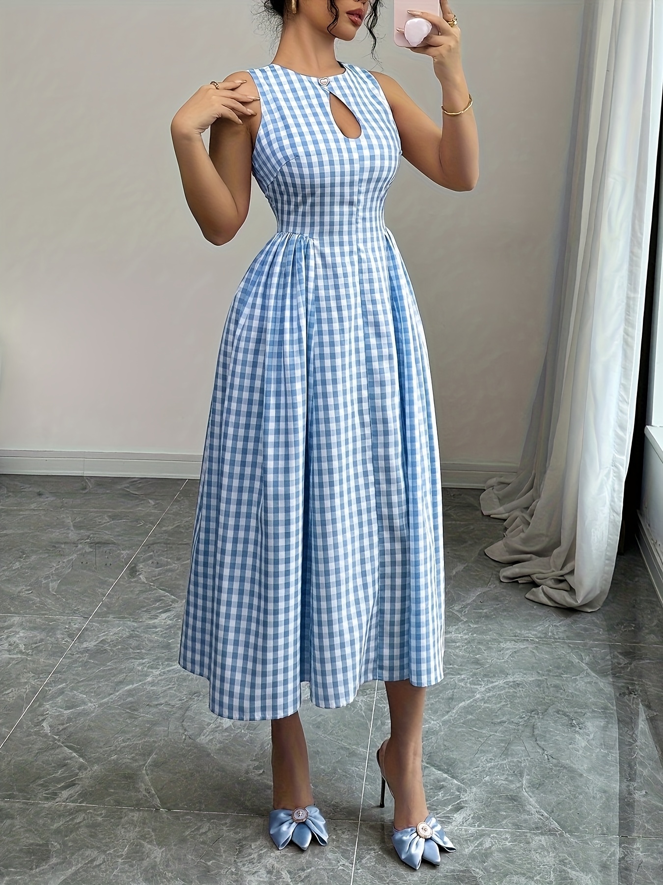 knee length dresses for ladies Late Night Skies Dress, Blue Gingham – Chic Soul main image 0