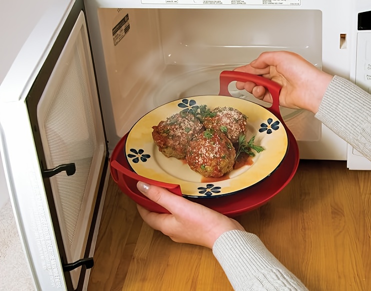 1pc microwave cool caddy with handles heavy duty microwave bowl holder   organizer microwave safe tray for bowls plates cups dishes space saving kitchen dining table storage ideal for   Product details 0