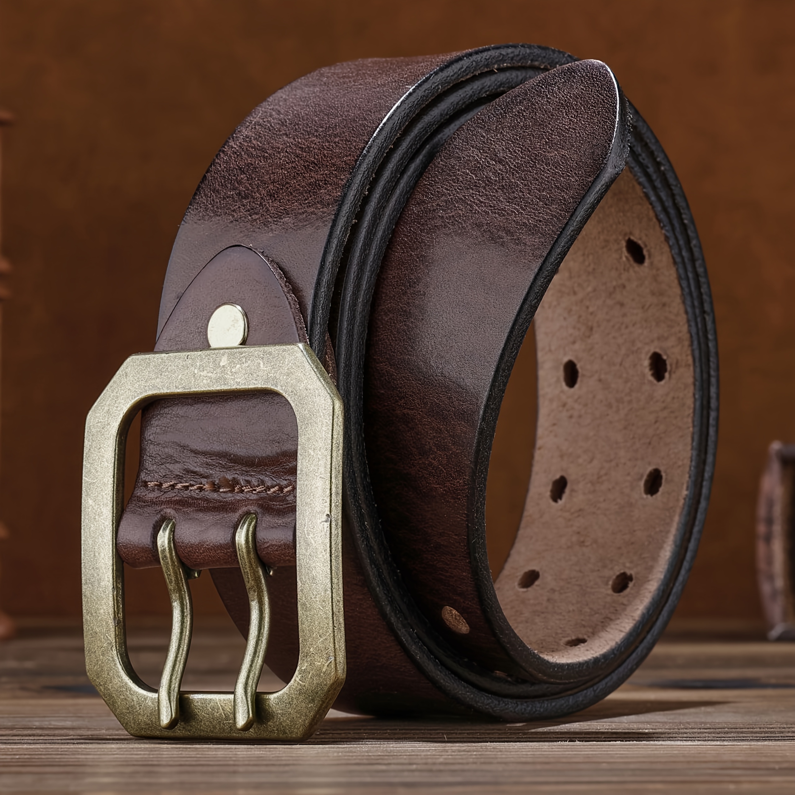 TEMU Vintage Genuine Leather Belt, Unique Square Alloy Design, Classic Hand-stitched, Durable And Comfortable, Suitable For Daily Wear And Formal
