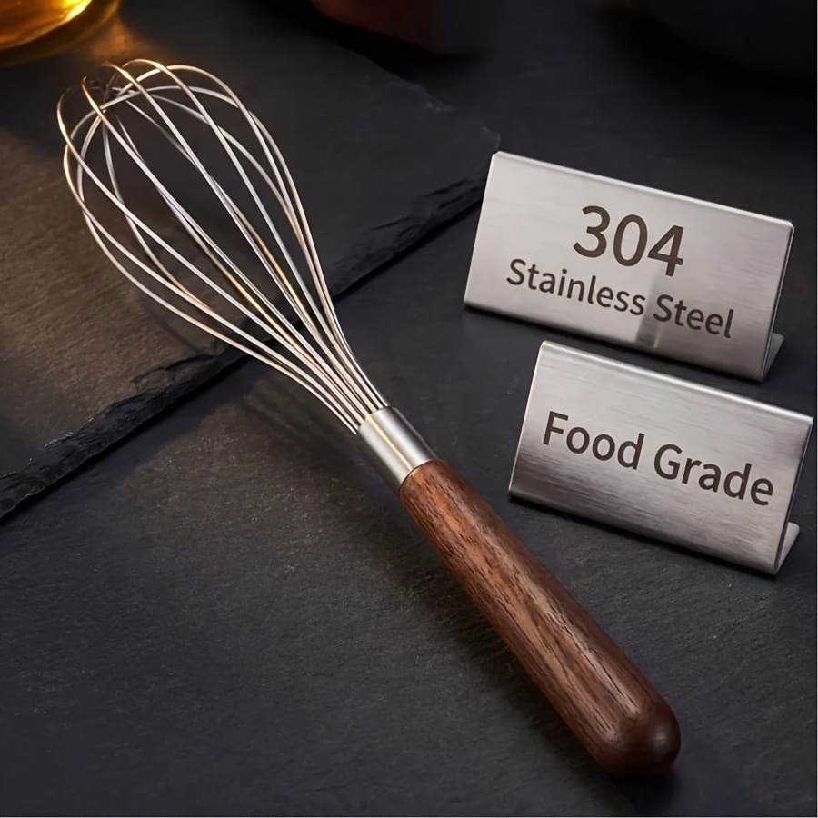 TEMU 1pc, Multi-functional, Food-grade, 304 Stainless Steel Manual Egg Beater, Country Style, Silvery And Wood, With Ball-shaped Steel Wire, Solid