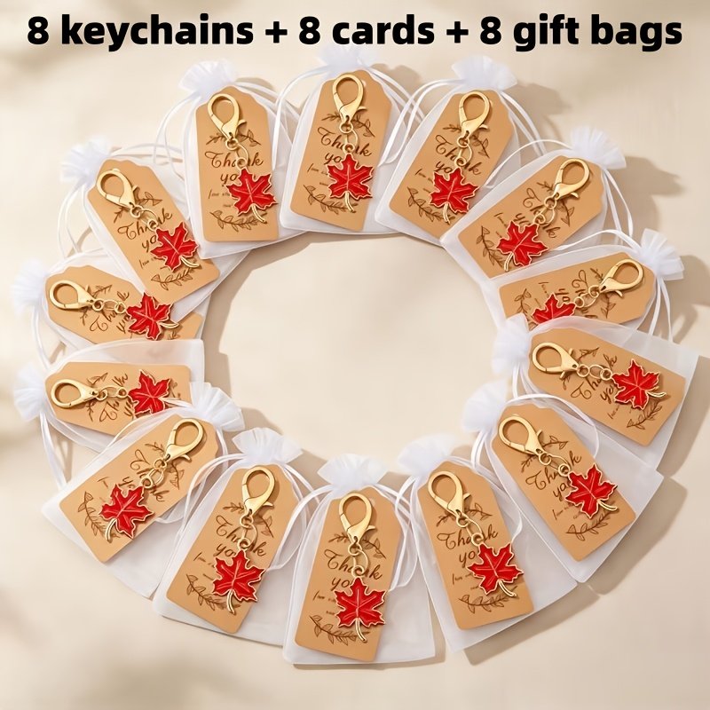 TEMU Ensemble de porte-clés à fermoir mousqueton feuille d'érable rouge, 24 pièces/8 ensembles, (8 porte-clés, 8 cartons et 8 sacs cadeaux), fait à ,