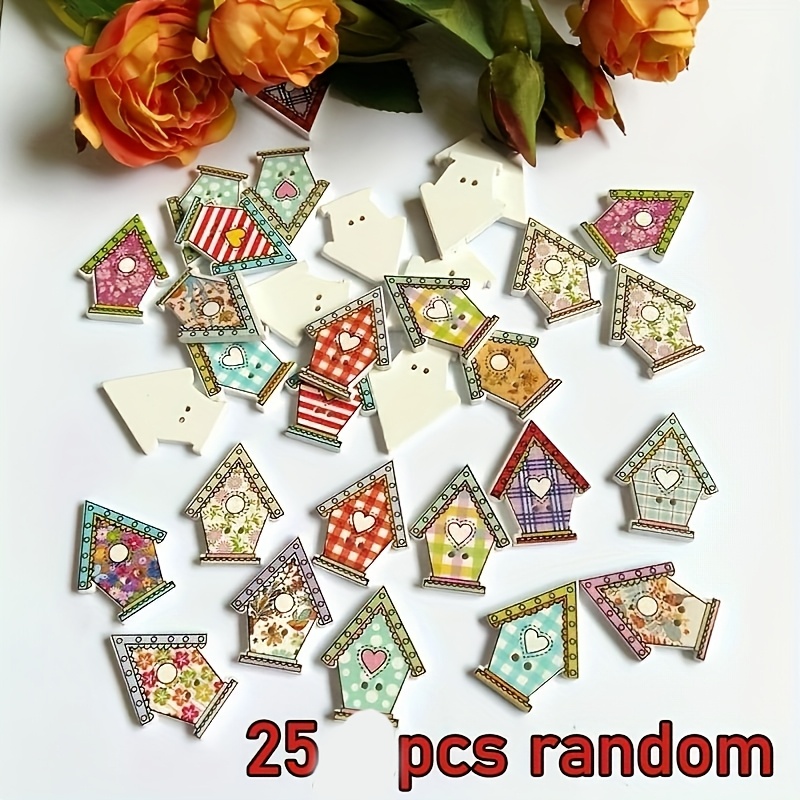 Image of 25 Assorted Wooden Buttons In Of Cute, Colorful Mini Houses With 2 Holes, Perfect For Handmade Sewing, Scrapbooking, And Crafts