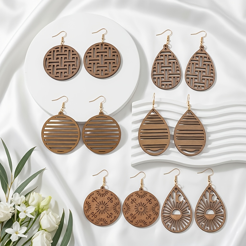 6 Pairs Minimalist Geometric Wooden Drop Earrings Set
