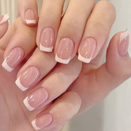 24 short square press on nails minimalist nude with a glossy end including a nail file and jelly
