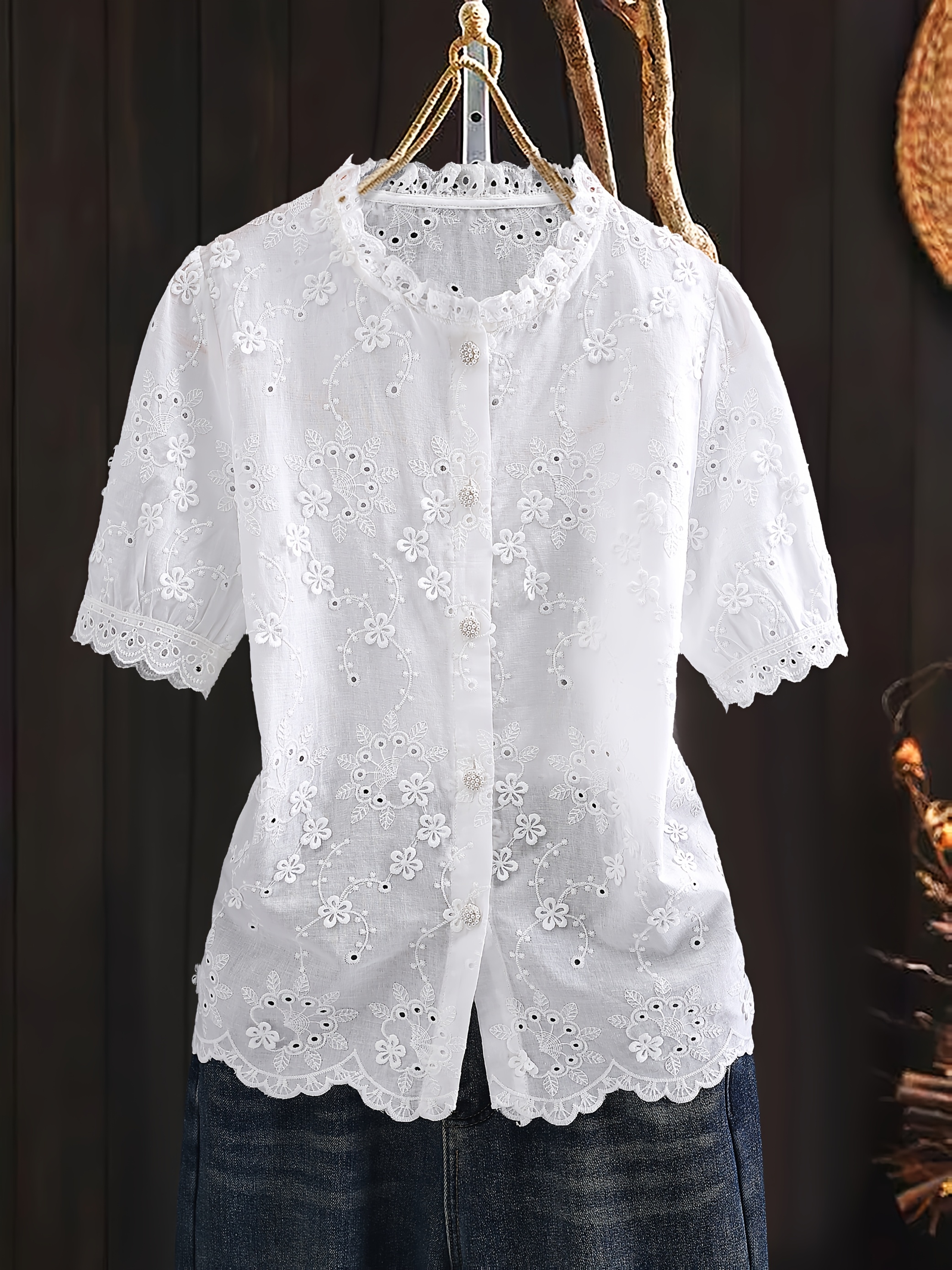 blusa manga corta encaje mujer top semi transparente bordado