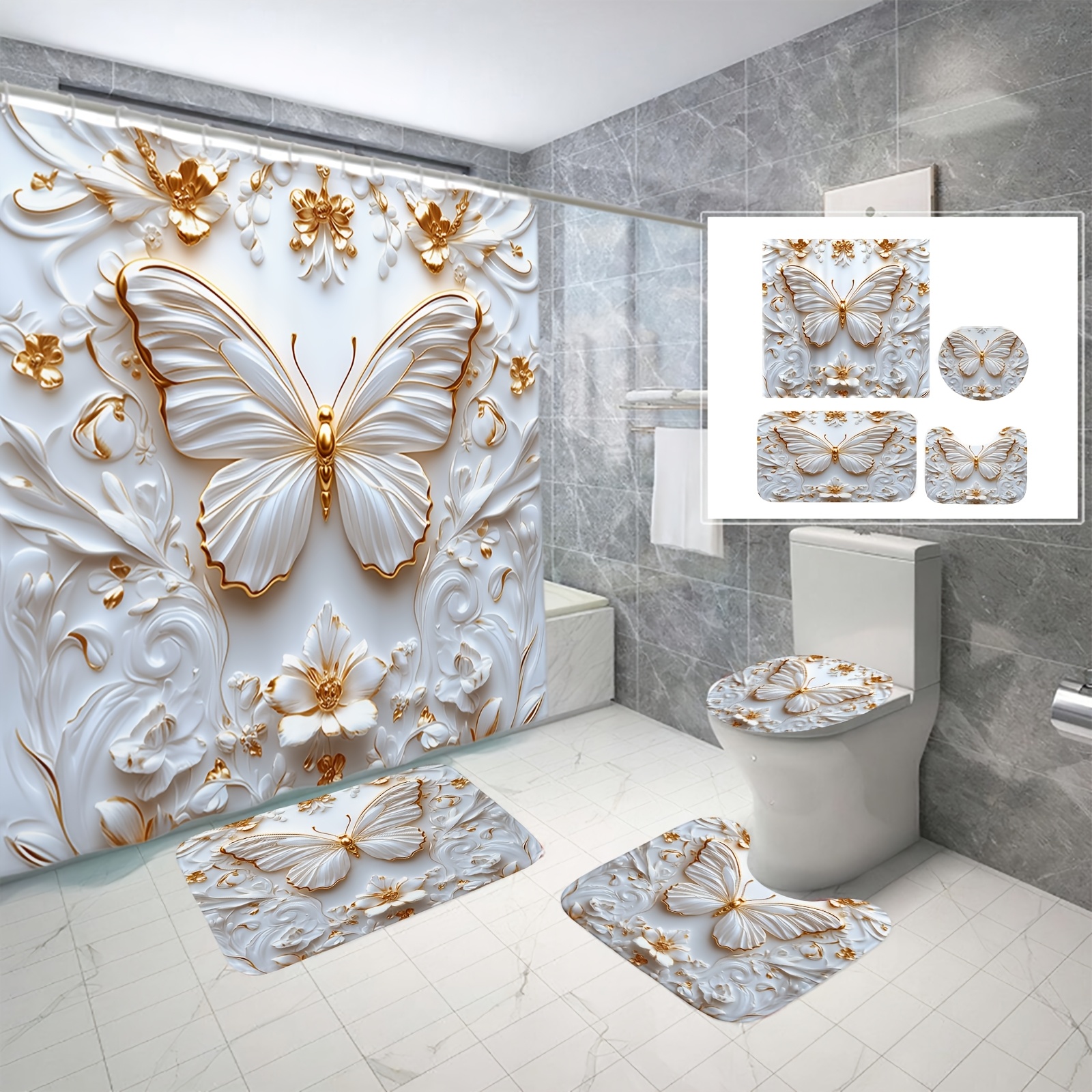 

[ ] 1/3/4pcs, 3d And , Patterned Curtain, Polyester , Curtains For 12 , Bathroom Mat, Mat And U-shaped Mat