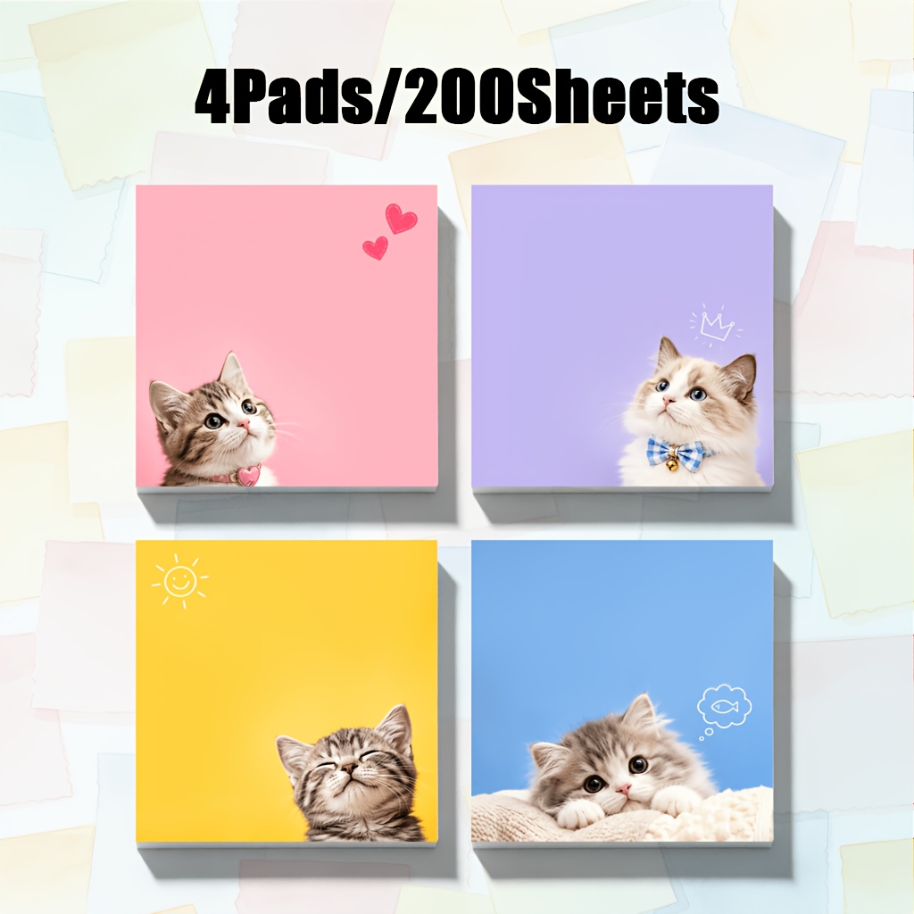 TEMU 200 Sheets Jbp Cat Sticky Notes Suitable For Home Office School - Square Self-adhesive Memo Pads With Kitten Print, Notepad For Coworker Gifts,