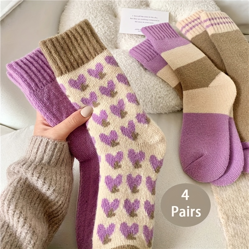 

4pcs Women's Autumn & Winter Socks - Cozy & Stylish Mid-calf Length With Heart Patterns In Purple, , And Brown - Soft Polyester & Spandex , Casual Or Warm