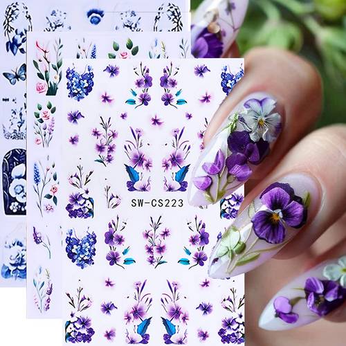 3pcs summer flower nail art stickers shiny purple rose hibiscus butterflies patterns design self nail art decals for women nail decoration