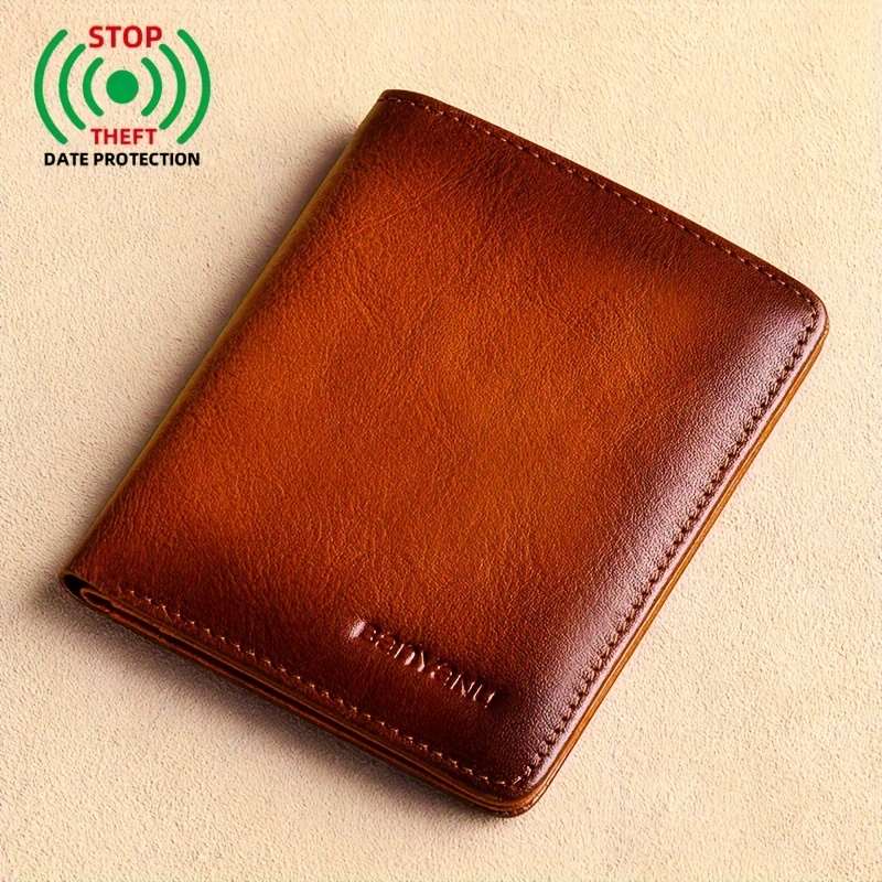 TEMU Ultra-thin Short Folding Wallet Men's Genuine Leather Handbag, Top Layer Cowhide Portable Retro Handbag Card Holder, Ideal Gifts