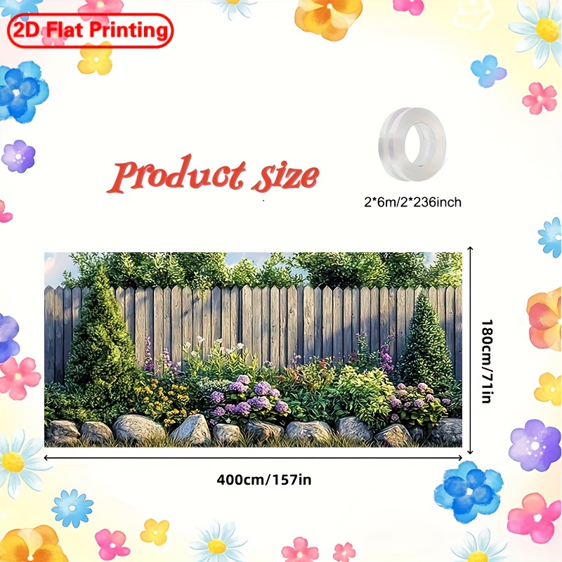 TEMU A 2d Flat Banner Made Of Polyester Featuring A Garden And Wooden Fence Design, Suitable For Occasions Such As Parties And Weddings. It Serves As