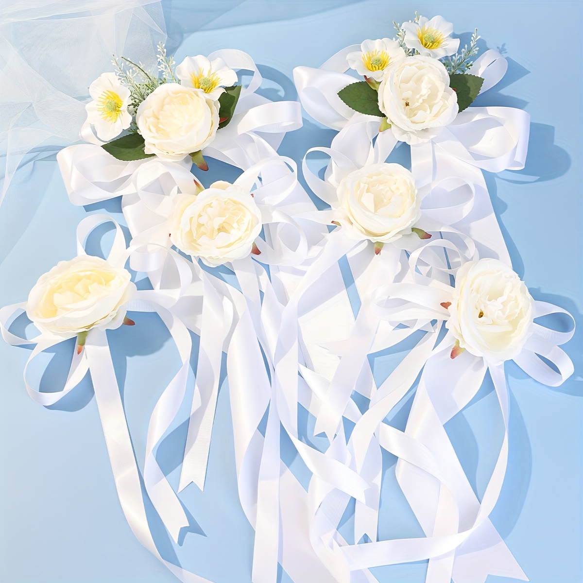 Image of 6pcs Artificial Ribbon Decorations, Fake Flower Decor For Wedding Car Doors, Suitable For Car Rearview Mirrors, Door Handles, Seats, Table Centerpieces, And Birthday Party Gift Decorations