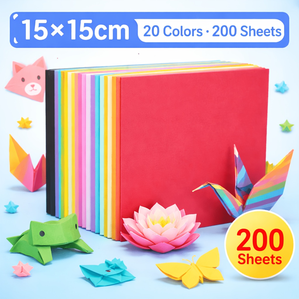 TEMU 15x15 cm Origami Papier 80G Dik, 20 Kleuren 200 Vellen Vierkant Opvouwbaar Papier, Beginner en Knutselen, Geschikt voor het Vouwen van Kranen,
