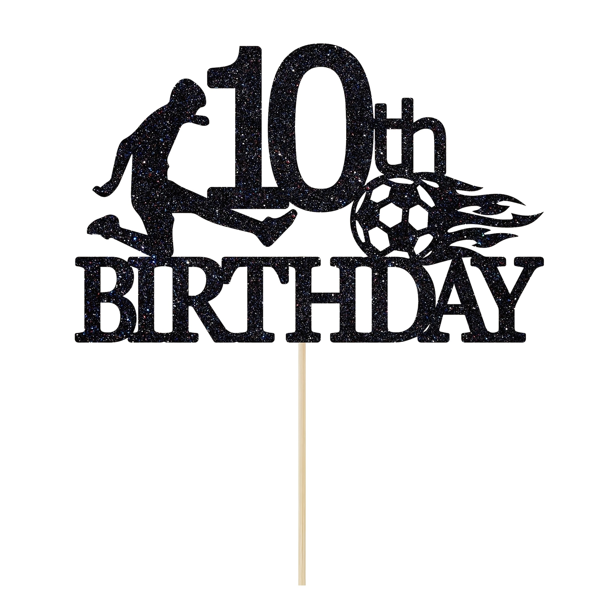 Image of 1 Piece Of Black Glitter Decoration For A 10th Birthday Cake, Celebrating A Decade With A Football Theme For The Party