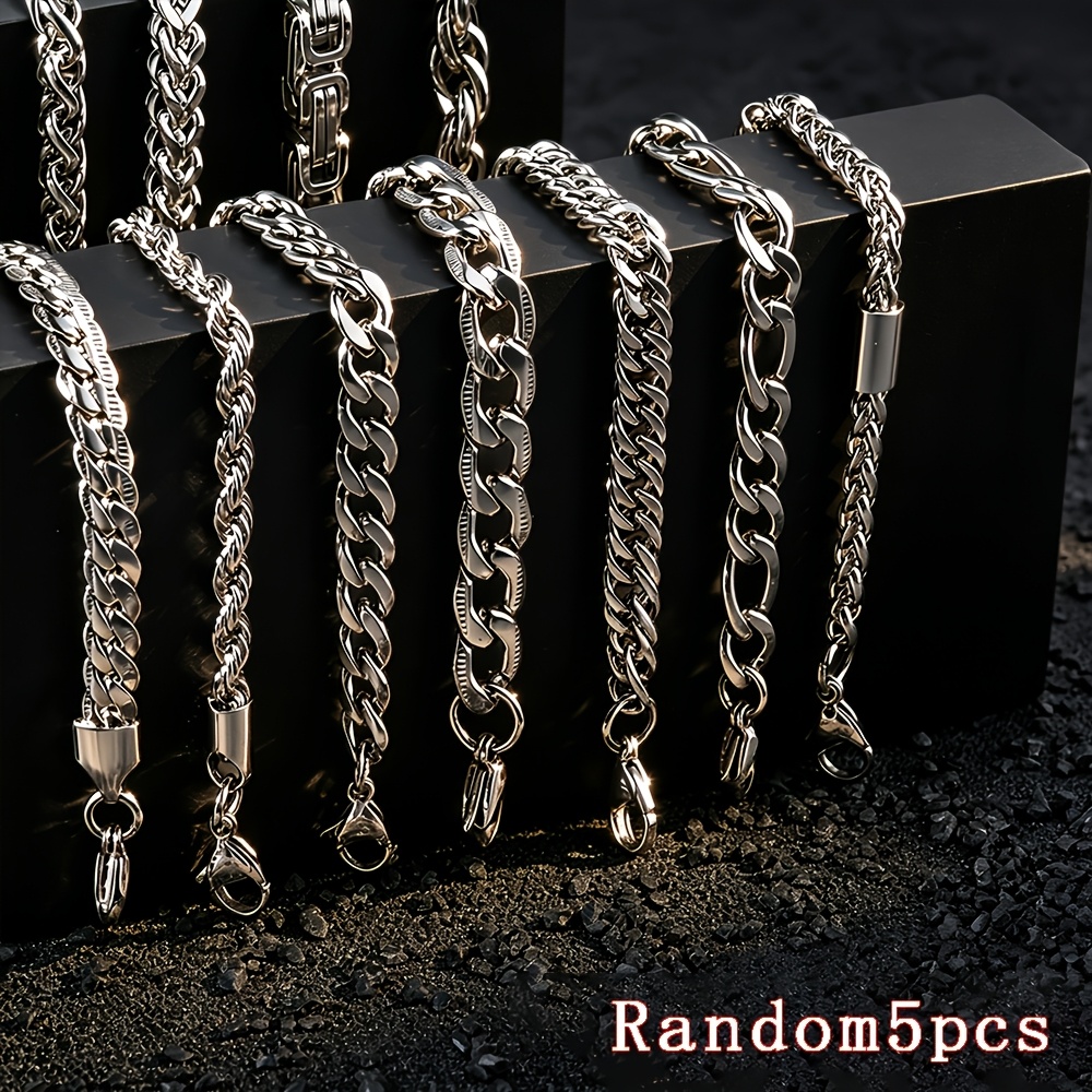TEMU -piece Stainless Steel Hip Hop Chunky Bracelet Set, Embossed Cuban Bracelet Fashion Chain, Punk Rock Jewelry Party Accessories, Durable Everyday