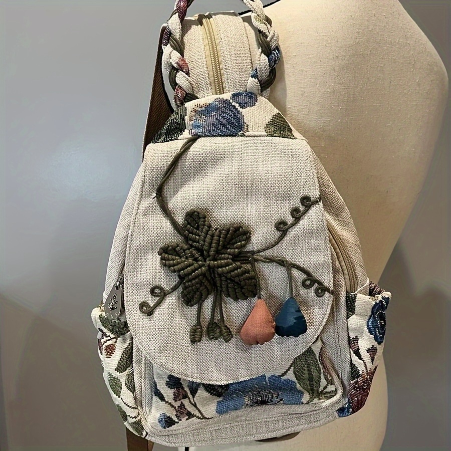 

Womens Floral Embroided Backpack Aesthetic Fashion Canvas Shoulder Crossbody Bags Leisure Rucksack