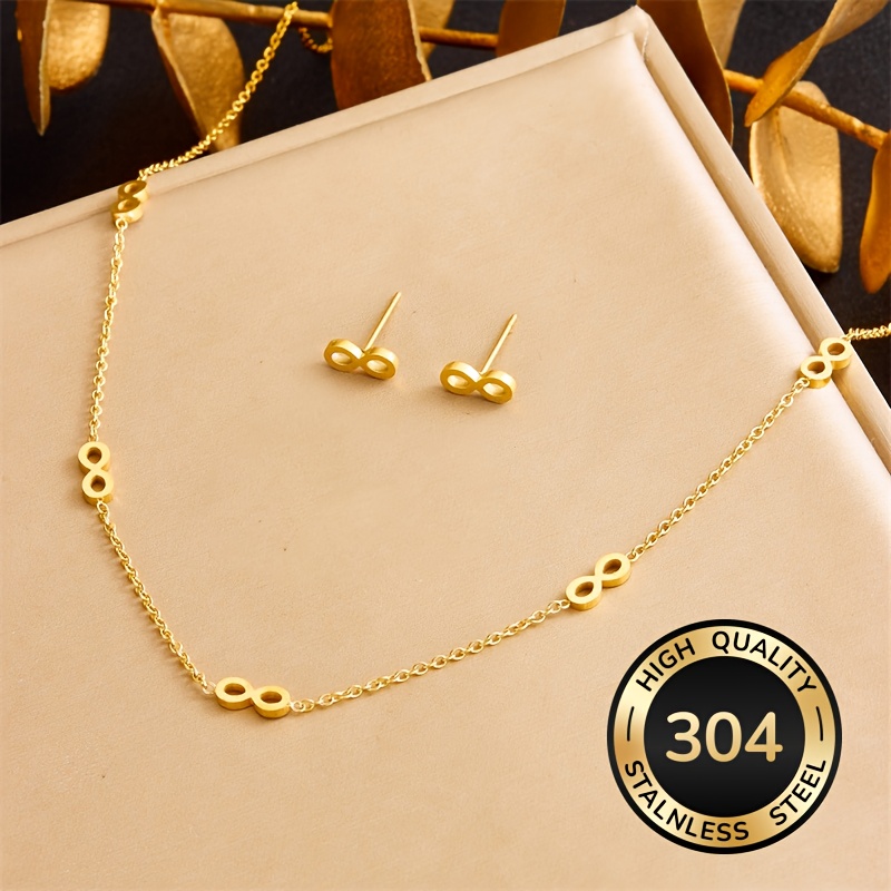 E-shop Halskette, Ohrringe, Schmuckset, 304 Edelstahl, Goldene Kette, Einfacher Klassischer Nummer 8-Anhänger, Damen Alltagsschmuck-Set