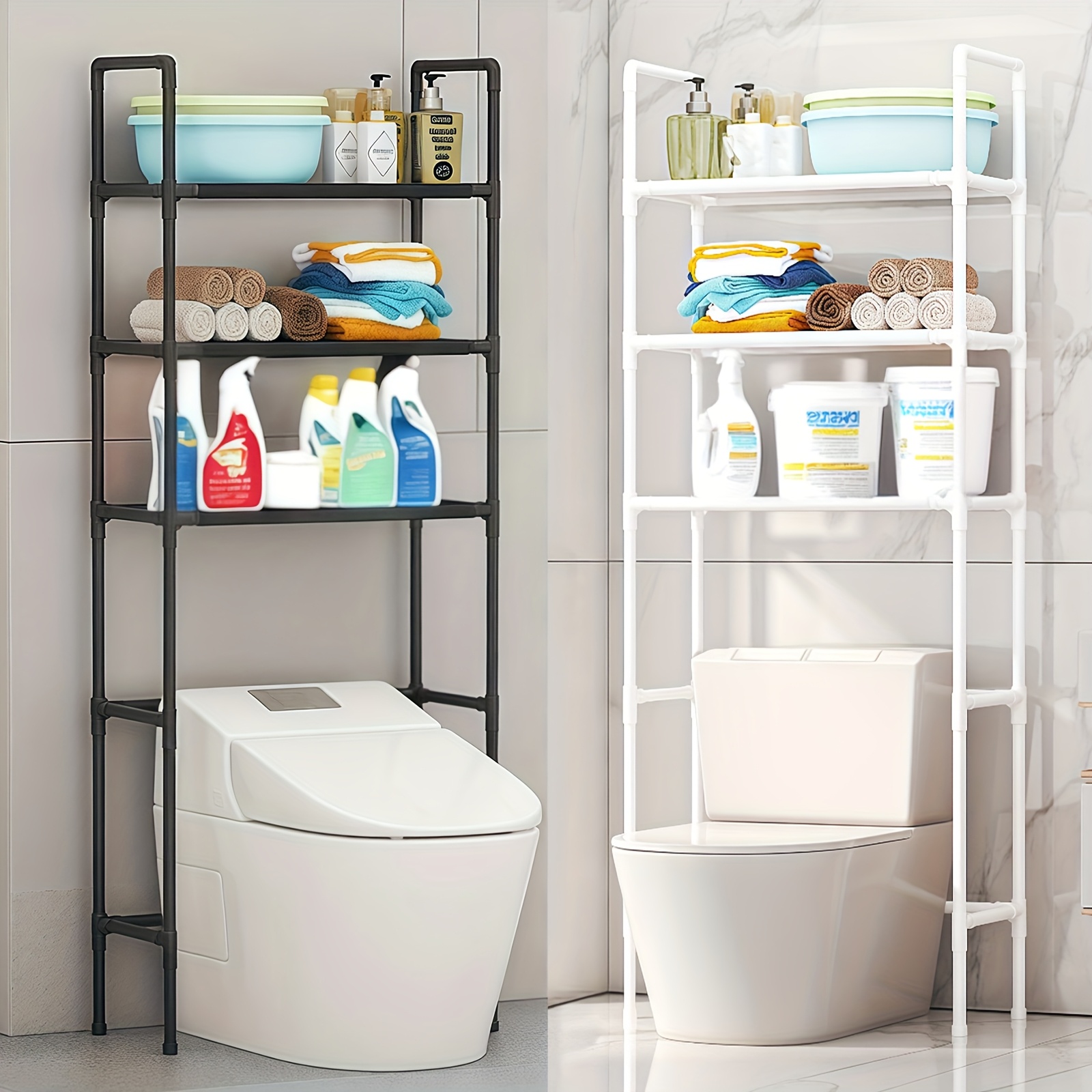 E-shop 1 Stück Multifunktionaler Badezimmer-Toilettenregal/Ablage aus dickem Stahlrohr, Standregal mit 3 Ebenen, bohrfreies Badezimmerregal, geeignet