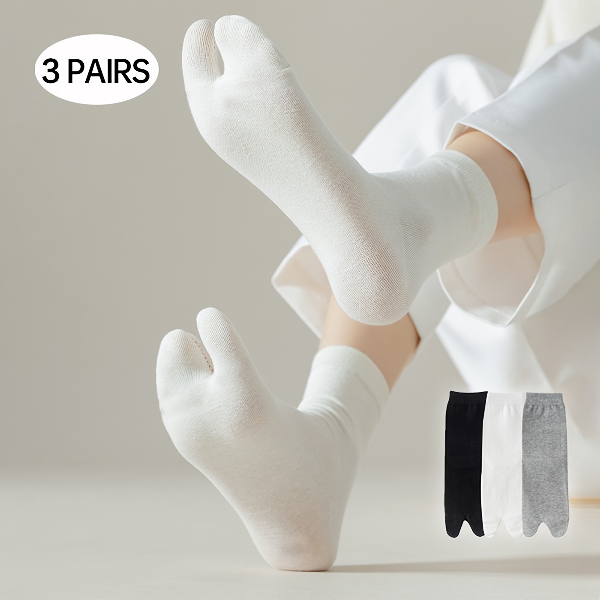TEMU 3-pair/6-pair Women's Toe Separator Socks In Black, White, And Gray, Versatile Heelless Two-toe Socks, Japanese-style Trendy Mid-calf Socks,
