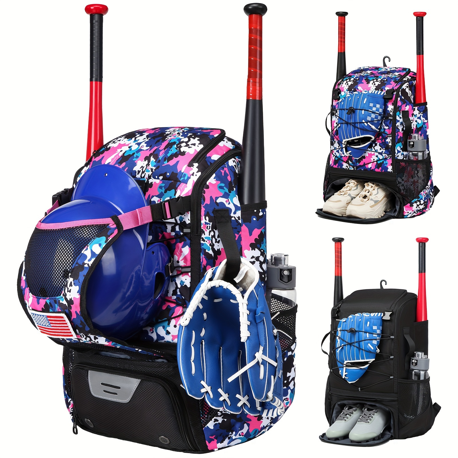 TEMU Lightweight Baseball & Softball Backpack With Shoe Compartment, Helmet Holder, And Fence Hook - Oxford Fabric Sports Bag For Teens & Adults - Sports Training Equipment Fitness Bag