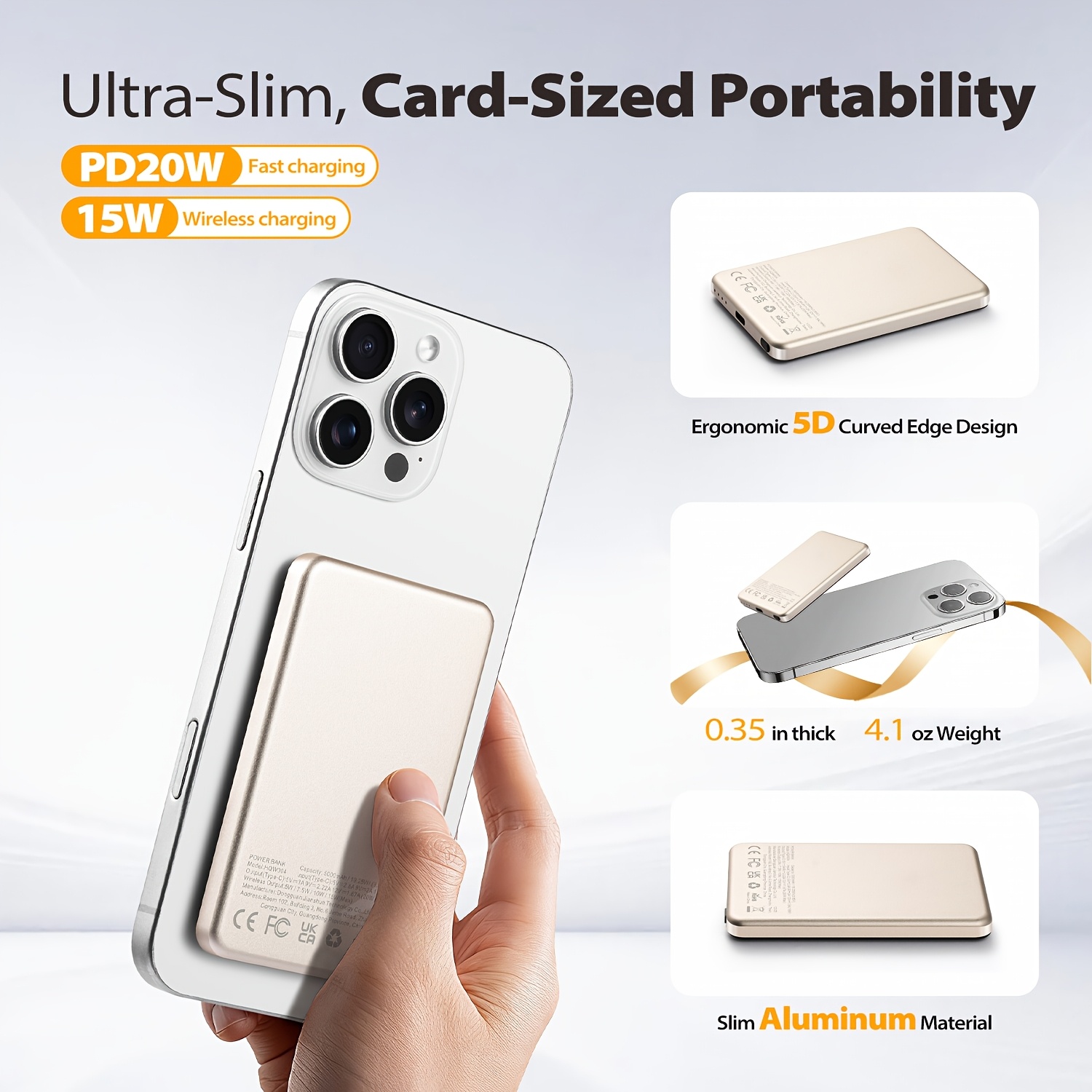 E-shop ENEGON 5000mAh Kabellose Magnetische Powerbank, Aluminiumlegierung, Ultraflach, Verstärkte Magnetkraft, mit Batterie-LED-Anzeige, Kompatibel mit