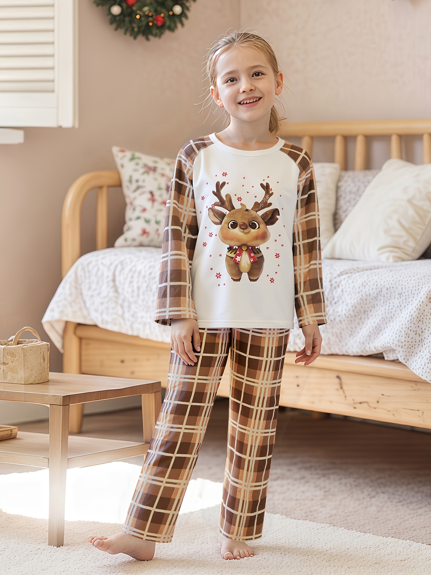 Parent-Child Matching Christmas Pajama Sets - Family Holiday Sleepwear with Reindeer Print & Plaid Design, Cozy Long Sleeve Round Neck Outfits for Parents & Kids, Soft Winter Pajamas for Family Movie Nights & Xmas Photos, Cute Dog Outfit Option (One