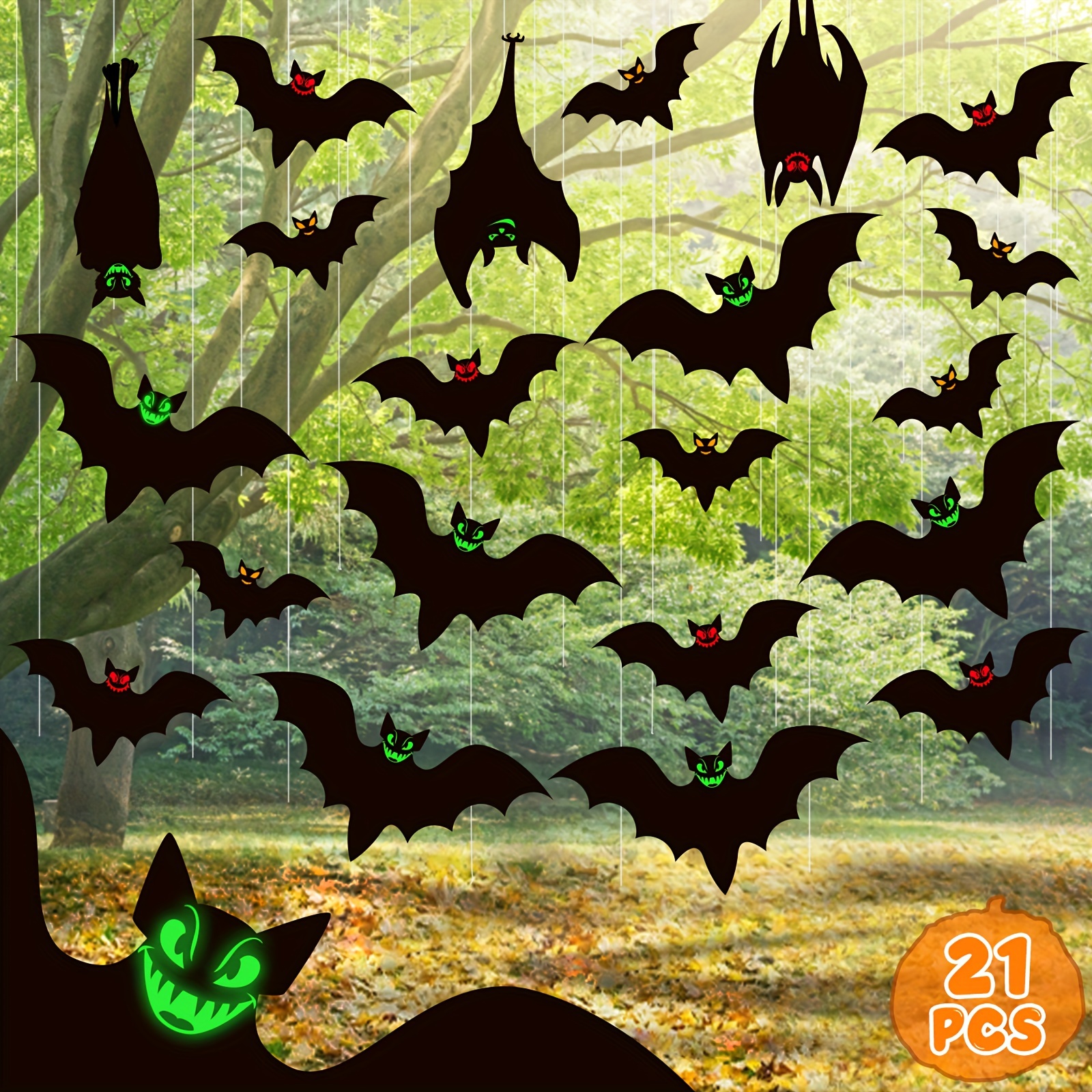

21pcs Hanging Bats Halloween Decoration Outdoor, Large Flying Bats Outside Halloween Decor With Glowing Eyes, 6 Different Size Black Bats For Trees Porch Yard Lawn- Hanging Halloween Decorations