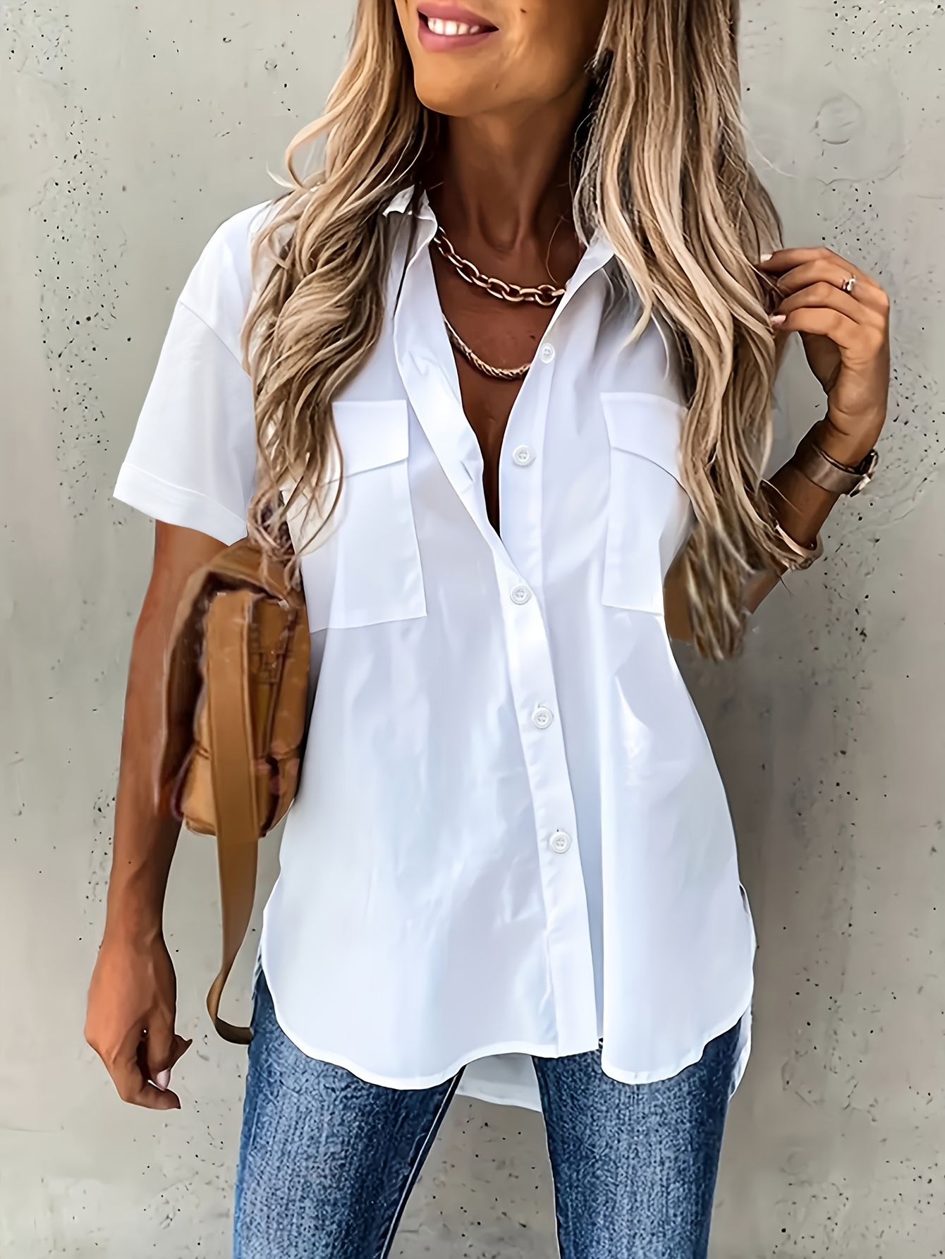 ToBeInStyle Women's Short Sleeve Button-Flap Neckline T-Shirt - Soft Cotton-Poly Blend Tee For Casual & Layered Outfits