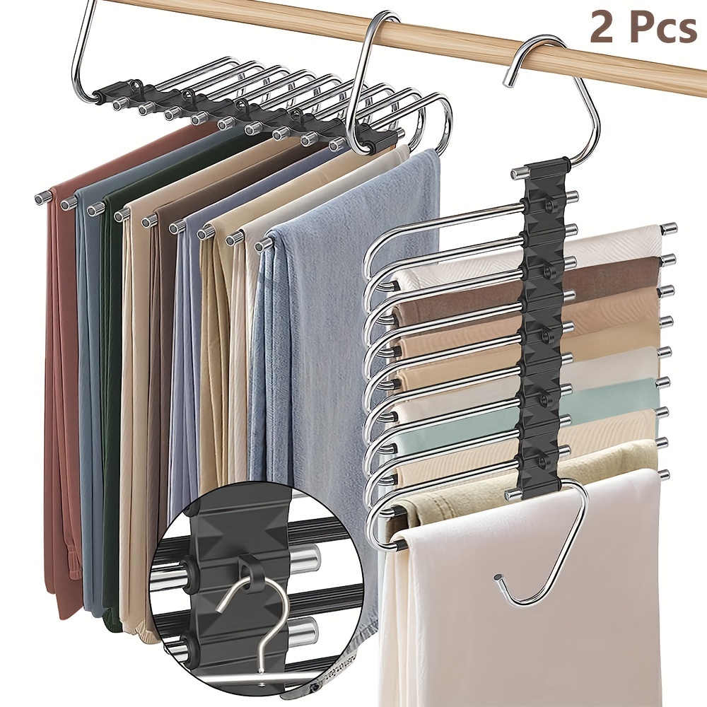 

2-piece Space-saving 9-layer Pants Hangers - Non-slip, Stainless Steel Multi-functional Organizer With Hooks For Jeans, Trousers & More - Perfect For Closet Organization, Dorm Essentials, Black