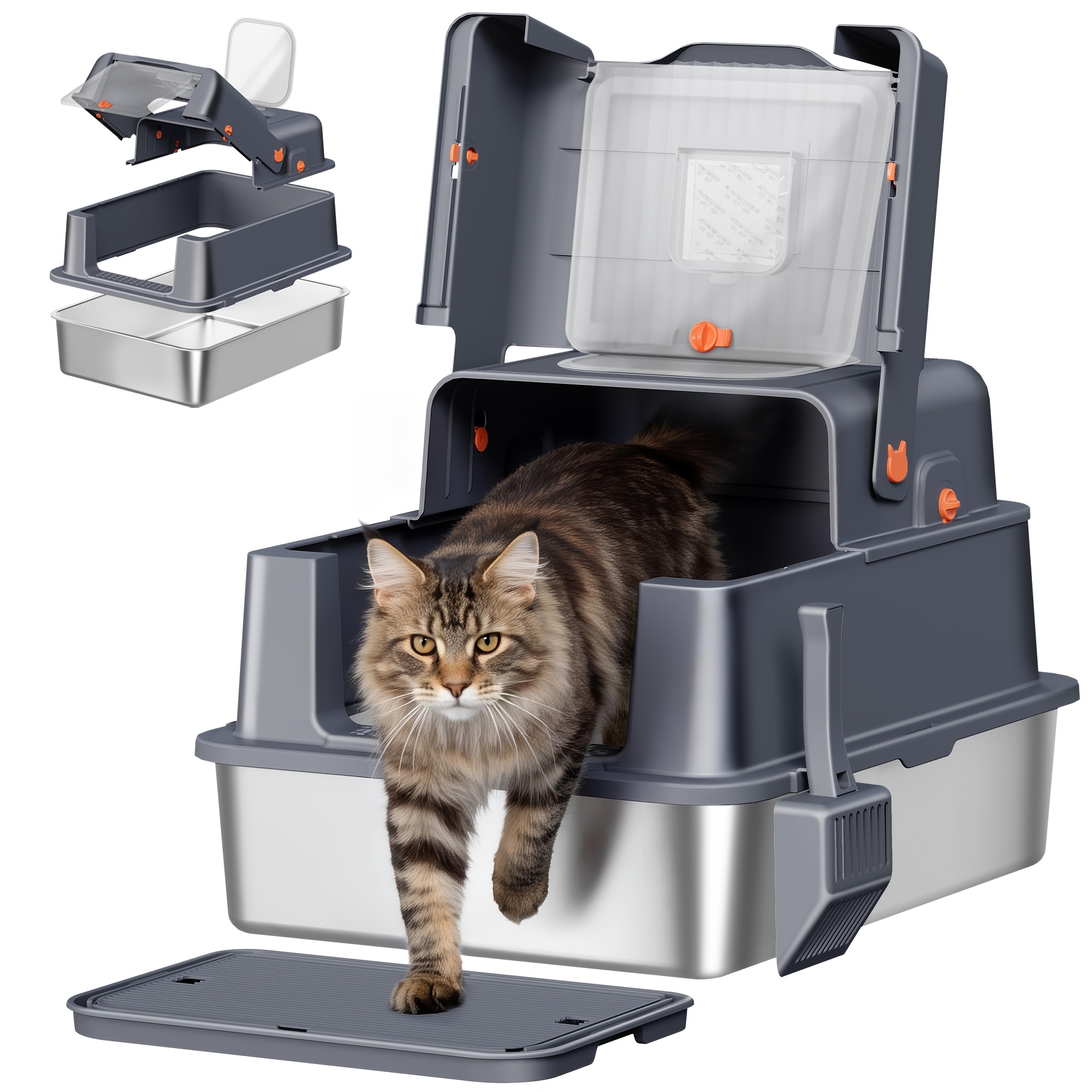 Stainless Steel Cat Litter Tray With Lid, Xxxl Enclosed Removable Metal Cat Litter Box, 70 X 50 X 42 Cm, 105° Hinged Lid, Includes Pedal And Scoop, Modular Design, , Without Battery